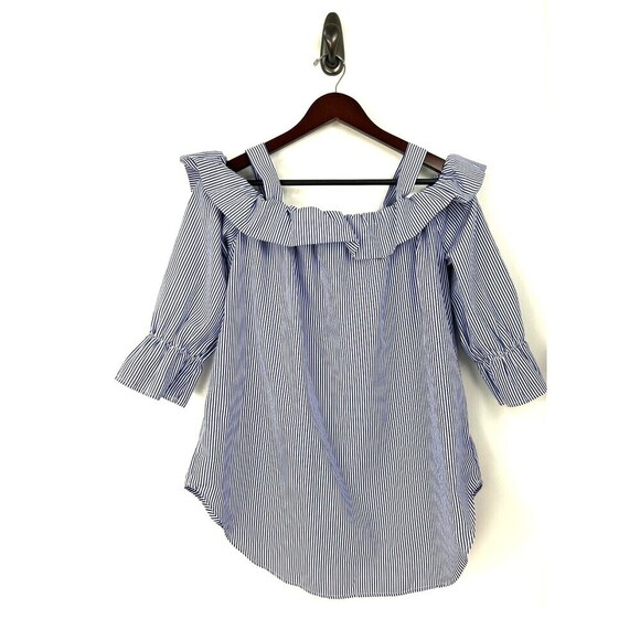 Janet Chung Womens Size L  Blouse Blue White Striped Off Shoulder Ruffle Top H2 - Picture 6 of 12